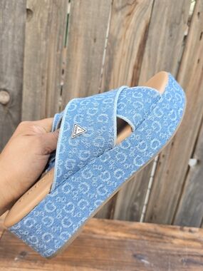 GUESS Denim Platform Slide Sandals Light Blue